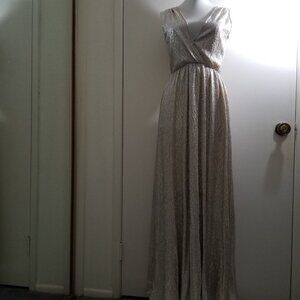 Lulus Brand long v-neck dress in gold, size XS